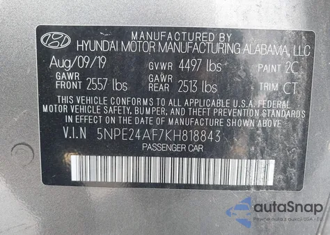 2019 Hyundai Sonata Se из США, поврежденный, VIN 5NPE24AF7KH818843